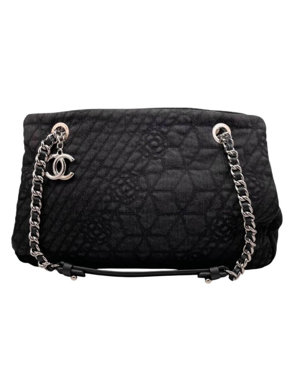 Chanel Tote Shoulder Bag Camellia Chain Denim CC Logo Black Silver